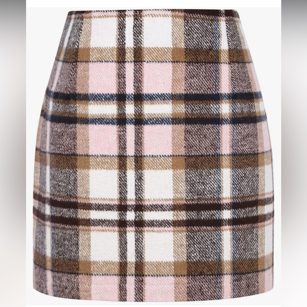 IDEALSANXUN Wool Blend Plaid Lined Mini Skirt High Waisted Pink Brown XL